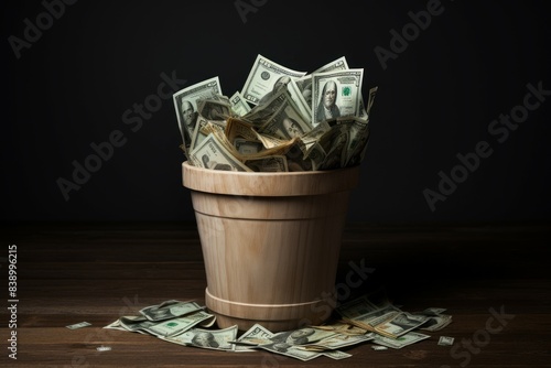 Wooden bucket filled with a large amount of us dollar bills on a dark background
