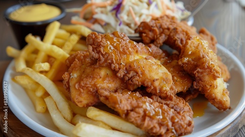 A platter of crispy chicken tenders served with honey mustard dipping sauce, French fries, and a side of crunchy coleslaw.