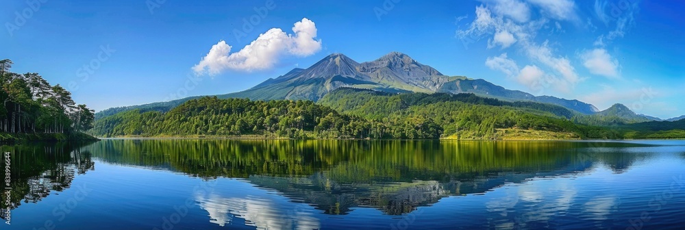 Obraz premium Mountain Panorama. Reflection of Volcanic Mountain in Calm Lake with Green Forest Surrounding