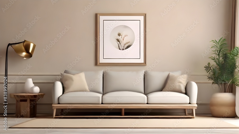 Fototapeta premium Frame mockup with 3D representation of interior of a modern, classic living room