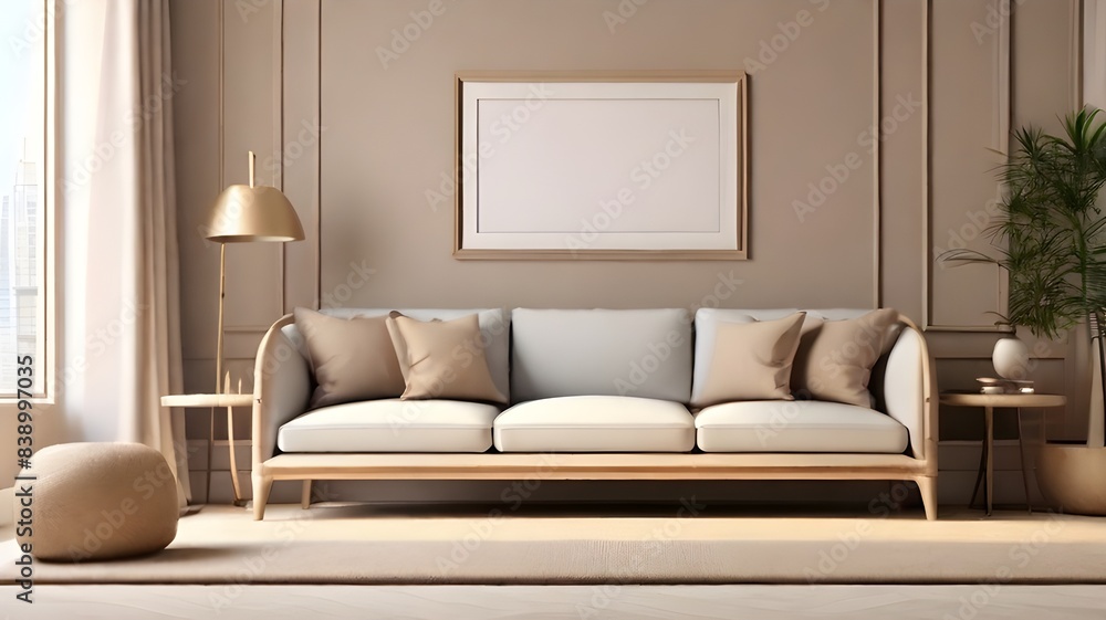 Fototapeta premium Frame mockup with 3D representation of interior of a modern, classic living room