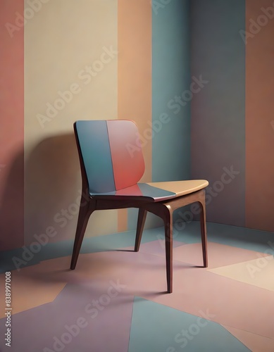 Modern wooden chair with a colorful, geometric design placed in a room with matching geometric patterned walls and floor, Generative AI.