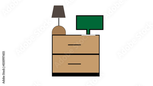 A monitor and a lamp on a computer table with white background