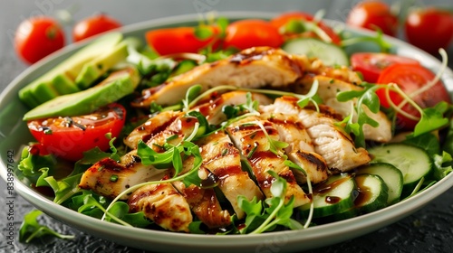 A refreshing summer salad featuring crisp lettuce, juicy tomatoes, cucumber slices, avocado, and grilled chicken strips, drizzled with balsamic vinaigrette.
