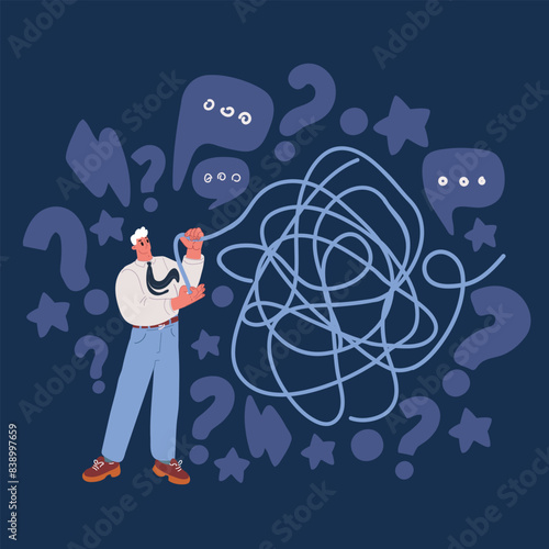 Cartoon vector illustration of Psycho therapy. Therapist and patient heads with tangled knot and unraveling thread of thoughts. Mental health, problem solving and brainstorm vector concept. Psychologi
