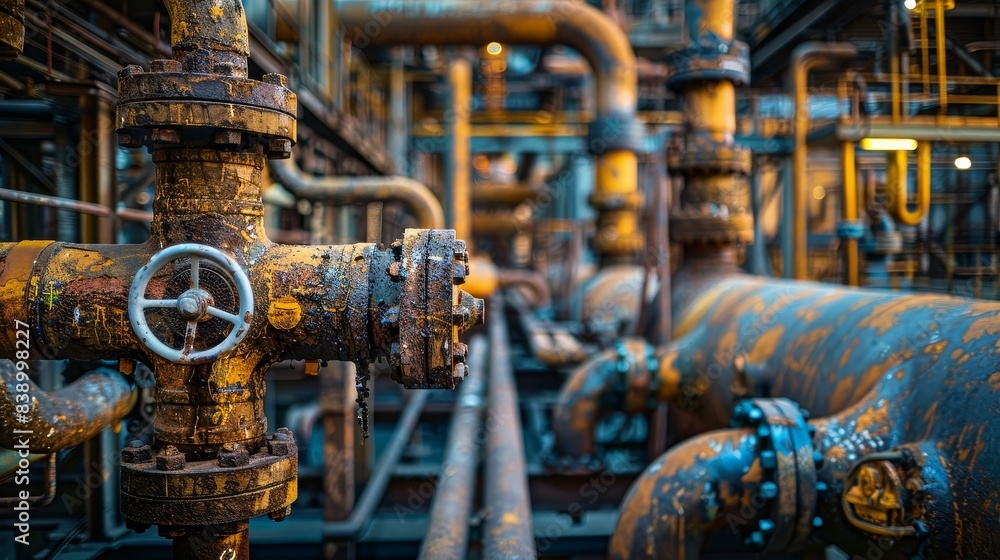 A detailed shot of industrial pipes and valves in a chemical plant, showing the intricate network of the facility's infrastructure. A detailed shot of industrial pipes and valves in a chemical plant, showing the intricate network of the facility's infrastructure.