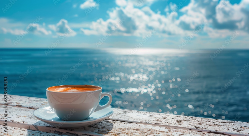 A Cup of Coffee With a View of the Blue Ocean on a Sunny Day A Cup of Coffee With a View of the Blue Ocean on a Sunny Day