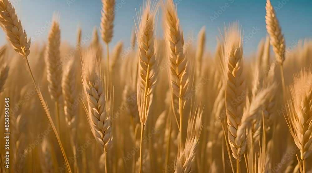 A golden field of cereal in Charente Maritime, France, with tall, swaying stalks under a bright blue sky. The sun casts a warm glow, and a gentle breeze creates ripples. A golden field of cereal in Charente Maritime, France, with tall, swaying stalks under a bright blue sky. The sun casts a warm glow, and a gentle breeze creates ripples.