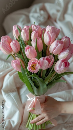 Pink Tulip Bouquet Held on White Bed Sheets in Morning Light