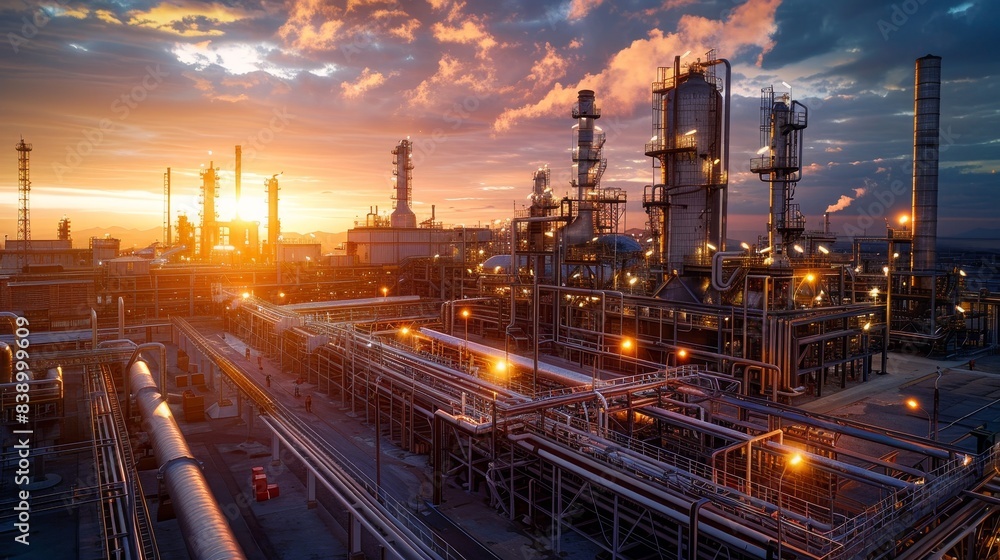 A panoramic view of a manufacturing plant at dusk, with lights illuminating the facility and workers moving about, highlighting the scale of industrial operations. A panoramic view of a manufacturing plant at dusk, with lights illuminating the facility and workers moving about, highlighting the scale of industrial operations.