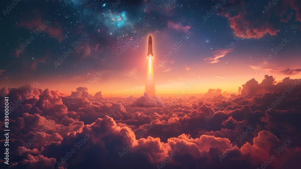 Obraz premium Futuristic Rocket Launching into Cyberpunk Sky - Concept of Innovation and Technology Advancement