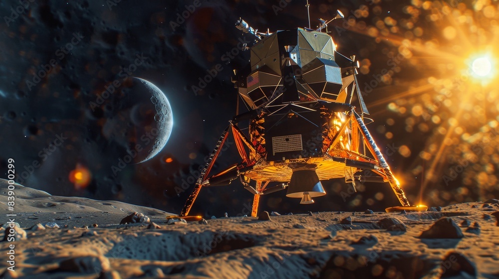 Futuristic Lunar Module Landing on Moon's Surface in Outer Space ...