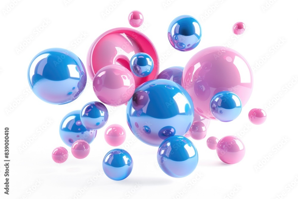 Shapes 3D. Three-Dimensional Composition of Flying Metallic Spheres, Torus and Tubes on White Background Shapes 3D. Three-Dimensional Composition of Flying Metallic Spheres, Torus and Tubes on White Background