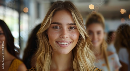 Closeup Portrait of a Smiling Young Woman With Blonde Hair in a Blurry Backgr...