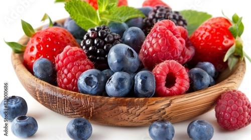 A bowl of berries and blueberries on a white table  AI