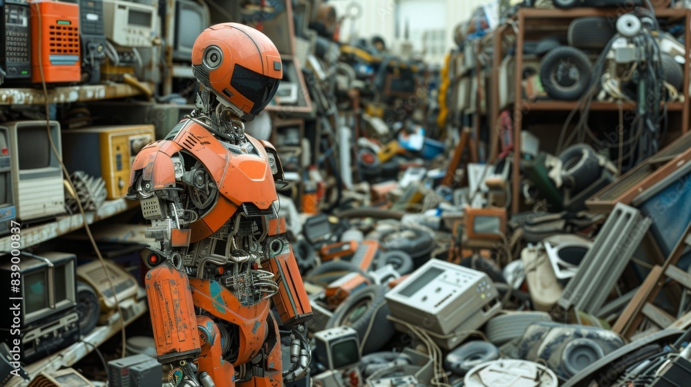Lone Android amidst a Pile of Abandoned Electronics - Technology Recycling Concept Lone Android amidst a Pile of Abandoned Electronics - Technology Recycling Concept