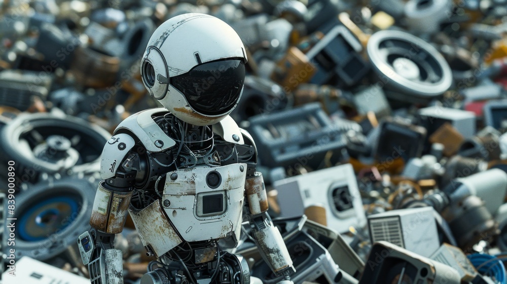 Futuristic Android Amidst Piles of Abandoned Technology in a Dystopian World Futuristic Android Amidst Piles of Abandoned Technology in a Dystopian World