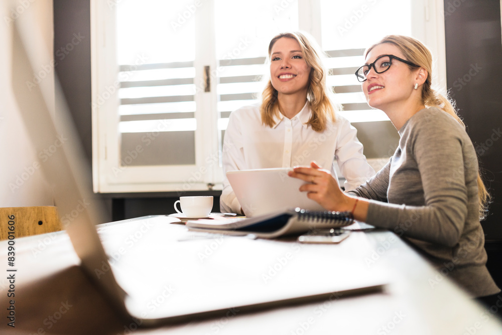 Two businesswomen working together on project Two businesswomen working together on project