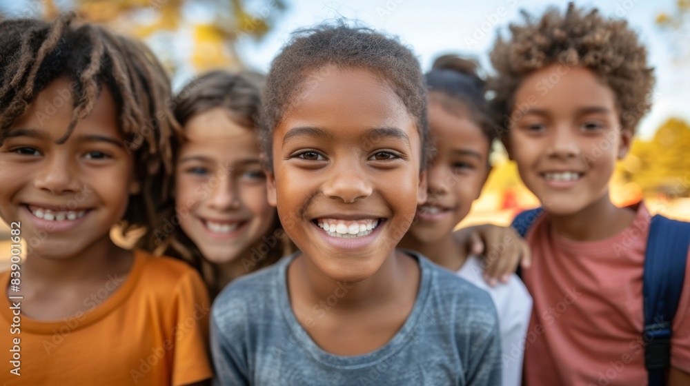 A group of children standing together smiling for the camera, AI