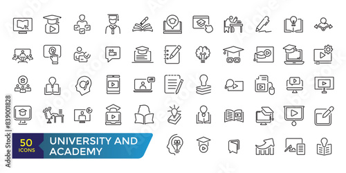 University and Academy icon set. School logo design badge. University emblem template. Collection and pack of linear web and ui icons. Editable stroke. Vector illustration
