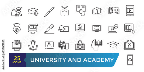 University and Academy icon set. School logo design badge. University emblem template. Collection and pack of linear web and ui icons. Editable stroke. Vector illustration
