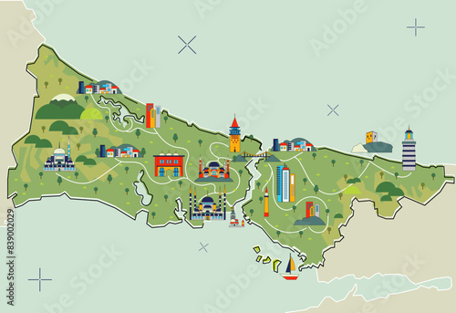 infographic Istanbul flat map design city that is located on the continents of Europe and Asia and is separated by the Bosphorus Strait