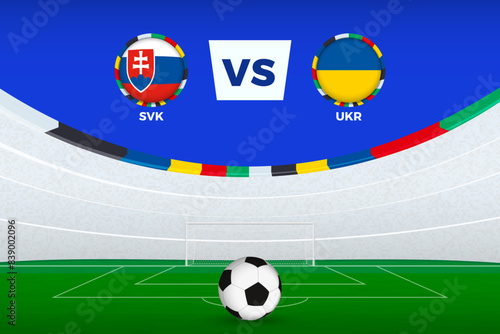 Illustration of stadium for football match between Slovakia and Ukraine, stylized template from soccer tournament.