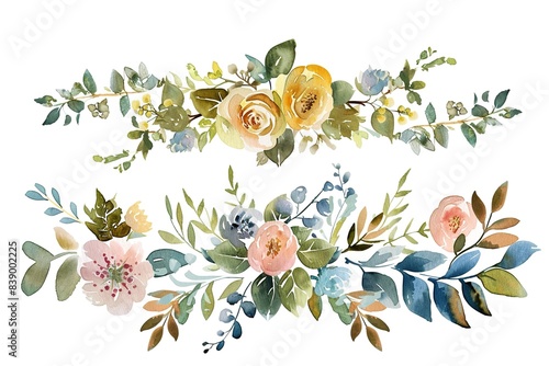 Watercolor floral illustration bouquet set - collection of green blush blue yellow pink frame  border  bouquet