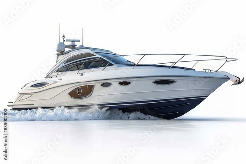 Motor boat resting on a tranquil white background. Minimalist design with isolated object.