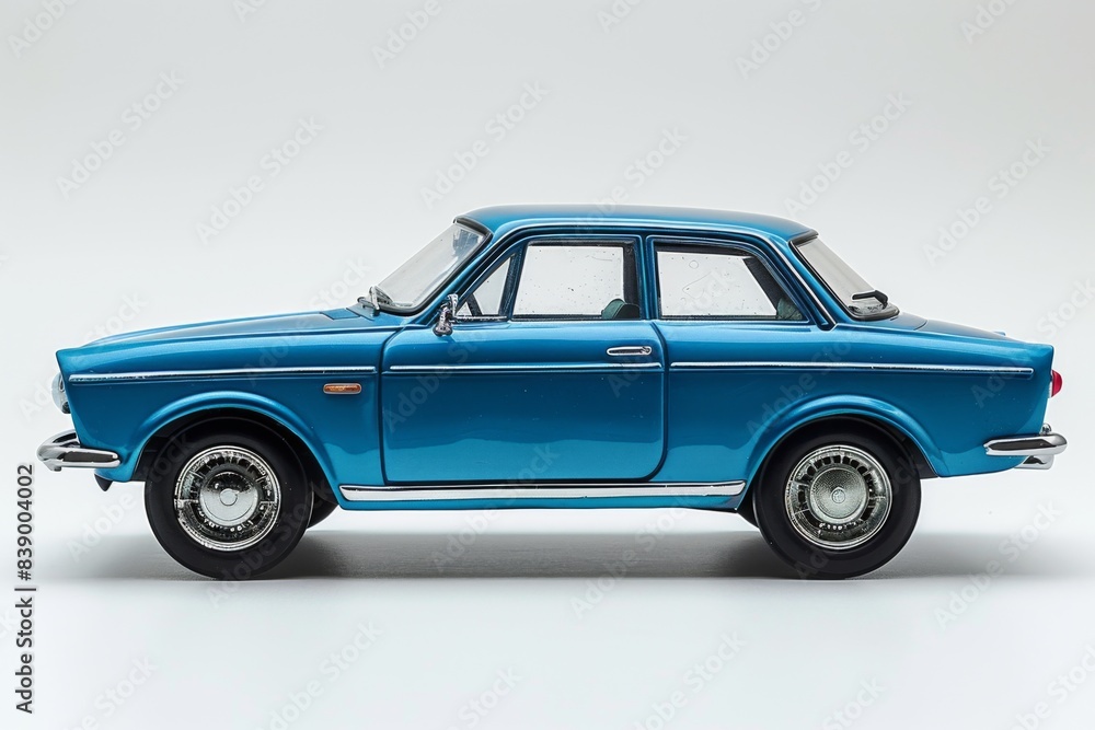 Full view of blue retro car toy model isolated on white background. Vintage-inspired miniature vehicle for collectors and enthusiasts. Full view of blue retro car toy model isolated on white background. Vintage-inspired miniature vehicle for collectors and enthusiasts.