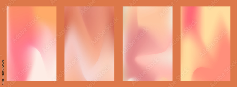 Fototapeta premium Peach gradient background set with abstract wave. Nude, peach and apricot gradient soft poster. Warm fuzz bg for wallpaper. Vector illustration
