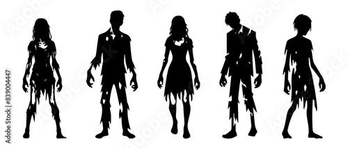 Collection of halloween silhouettes decorations icon and character. Witch, vampire, demon, creepy and spooky elements. Zombie man and woman front view silhouette black filled vector Illustration icon.