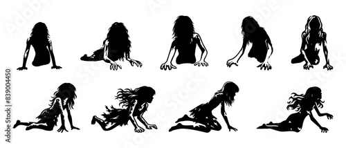 Witch, vampire, demon, creepy and spooky elements. Zombie crawling woman silhouette black filled vector Illustration icon. Collection of halloween silhouettes decorations icon and character. 