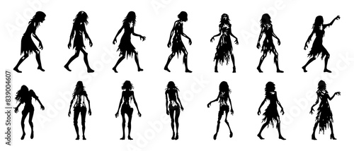 Collection of halloween silhouettes decorations icon and character. Witch, vampire, demon, creepy and spooky elements. Zombie woman silhouette black filled vector Illustration.