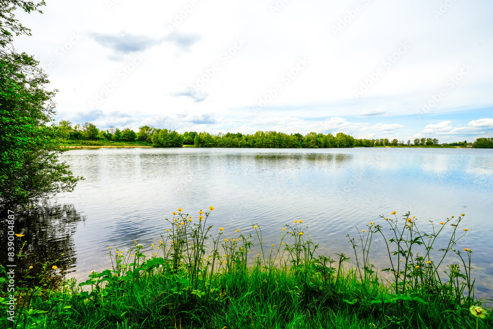 View of the Menzelen leisure lake in Alpen on the Lower Rhine. Landscape by the lake with the surrounding nature.
View of the Menzelen leisure lake in Alpen on the Lower Rhine. Landscape by the lake with the surrounding nature.