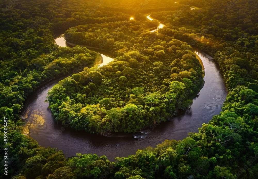 Fototapeta premium An aerial view of a winding river cutting through a dense forest, bathed in golden sunlight. This stunning landscape is perfect for environmental, travel, and nature-themed stock photography.