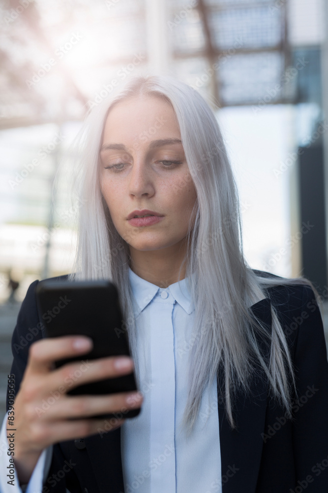 Young businesswoman checking cell phone in the city Young businesswoman checking cell phone in the city