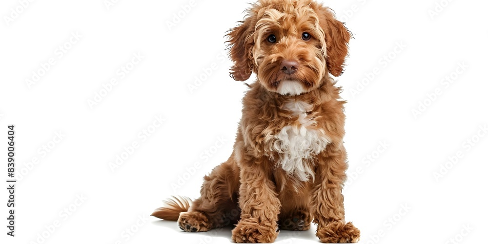 Labradoodle dog sitting and looking at camera against white background. Concept Pets, Animals, Dogs, Portrait, White Background Labradoodle dog sitting and looking at camera against white background. Concept Pets, Animals, Dogs, Portrait, White Background