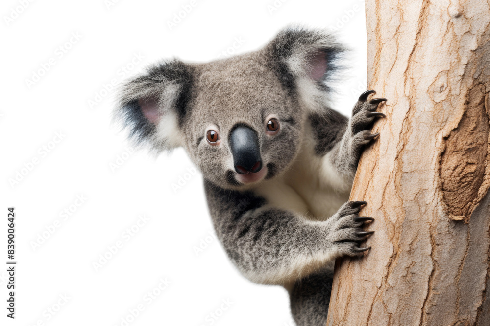 Naklejka premium Majestic Koala Perched Atop a Tree Branch on a White or Clear Surface PNG Transparent Background..