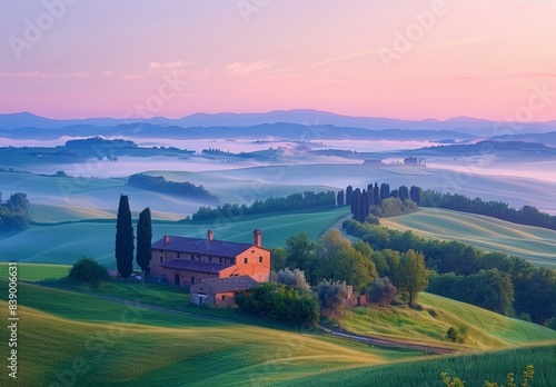 A peaceful countryside landscape at dawn, featuring rolling hills, a quaint farmhouse, and morning mist rising from the fields. This serene image is ideal for rural, travel, and lifestyle content.