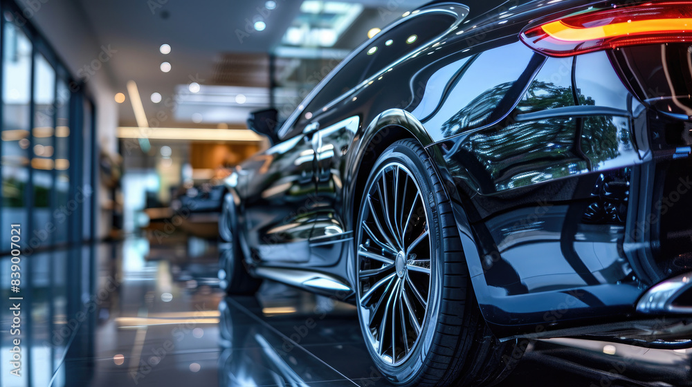 Showroom Display of Luxurious Black Car at Car Dealership Showroom Display of Luxurious Black Car at Car Dealership