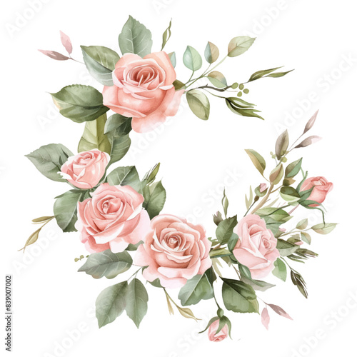 watercolor flower wreath Pink roses and green leaves Pastel spring flower clip art isolated on white background.