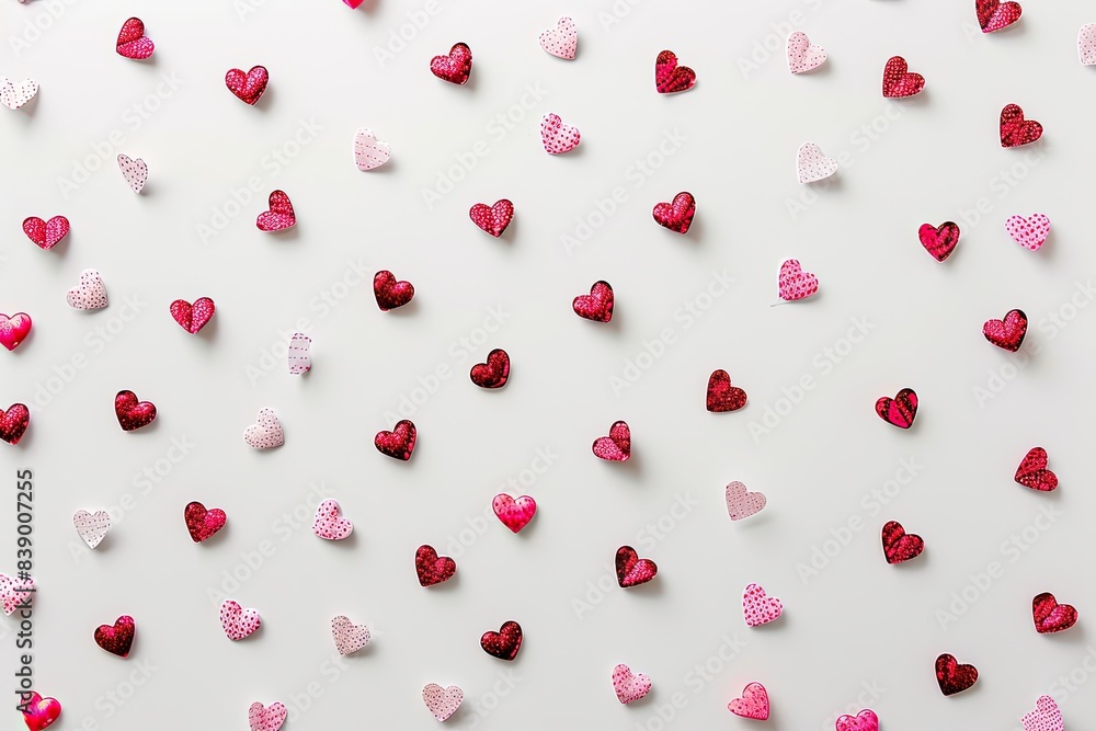 A clean white background with scattered tiny pink and red hearts in a minimalist pattern A clean white background with scattered tiny pink and red hearts in a minimalist pattern