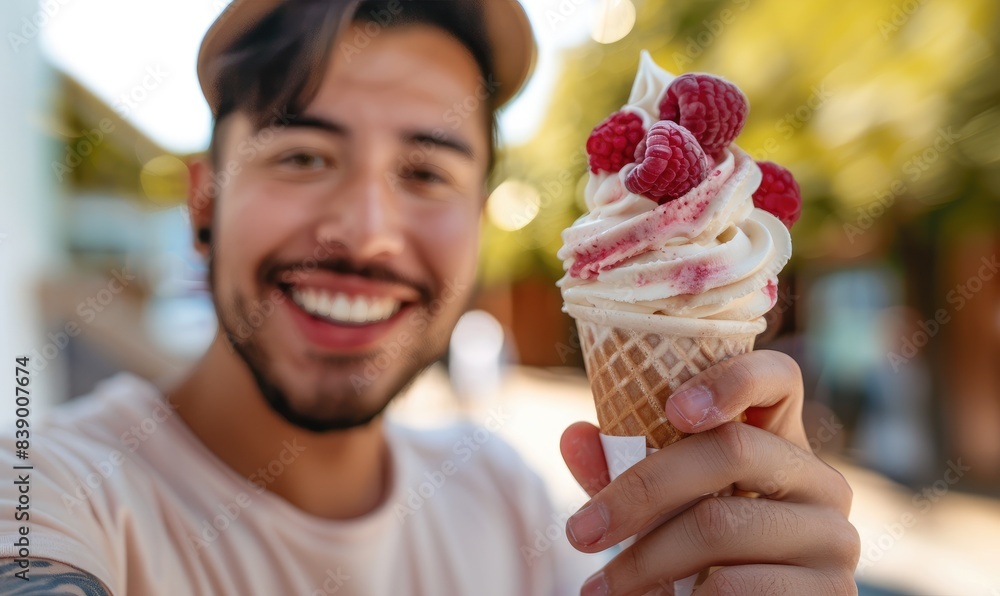 A smiling man holding a vanilla ice cream cone with raspberry toppings A smiling man holding a vanilla ice cream cone with raspberry toppings