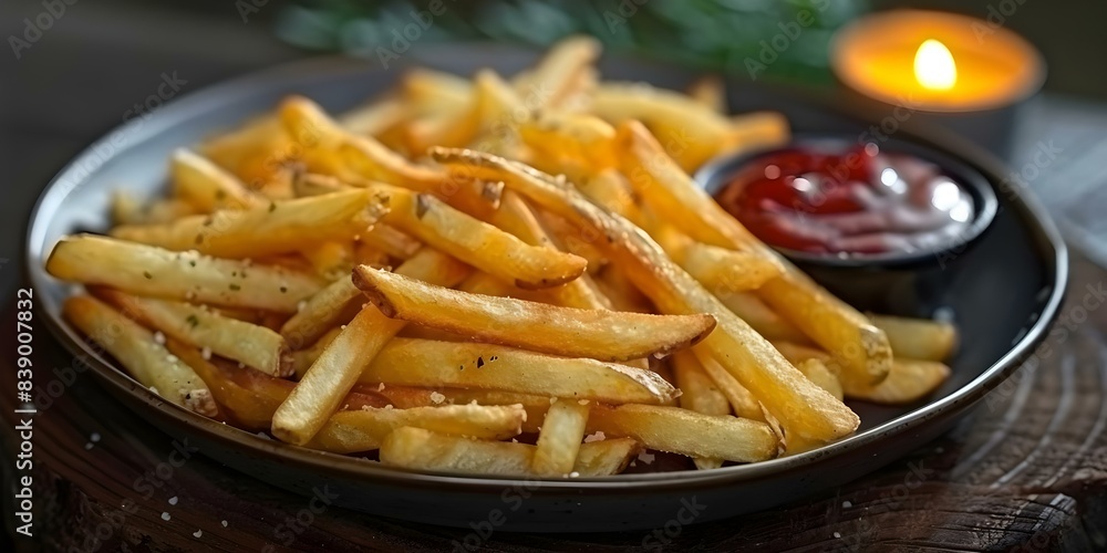French fries with sauce on table candle lit with warm ambiance. Concept Food Photography, Mood Lighting, Cozy Atmosphere, Table Setting, Tasty Treats French fries with sauce on table candle lit with warm ambiance. Concept Food Photography, Mood Lighting, Cozy Atmosphere, Table Setting, Tasty Treats