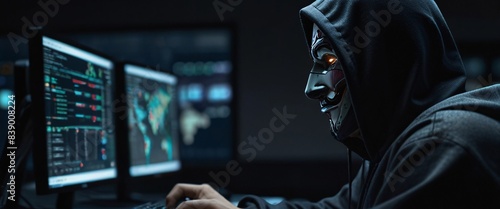 anonymous hacker, their back presented in a half-turn, wearing a hoodie, seated in front of a commanding monitor, engrossed in the process of deciphering intricate lines of code. Employ a wide-angle photo