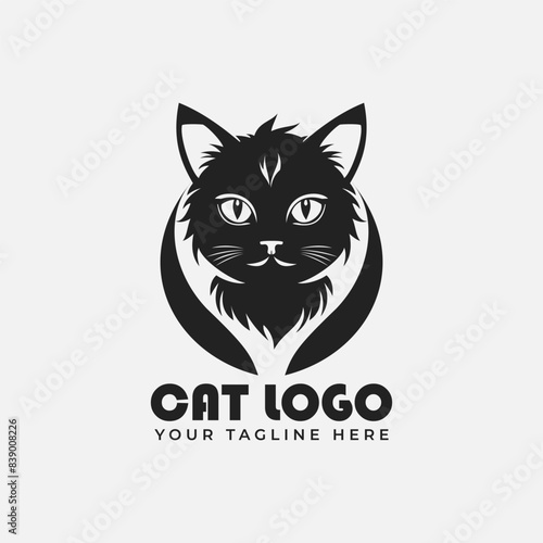 black cat head logo with a white border in a semicircle