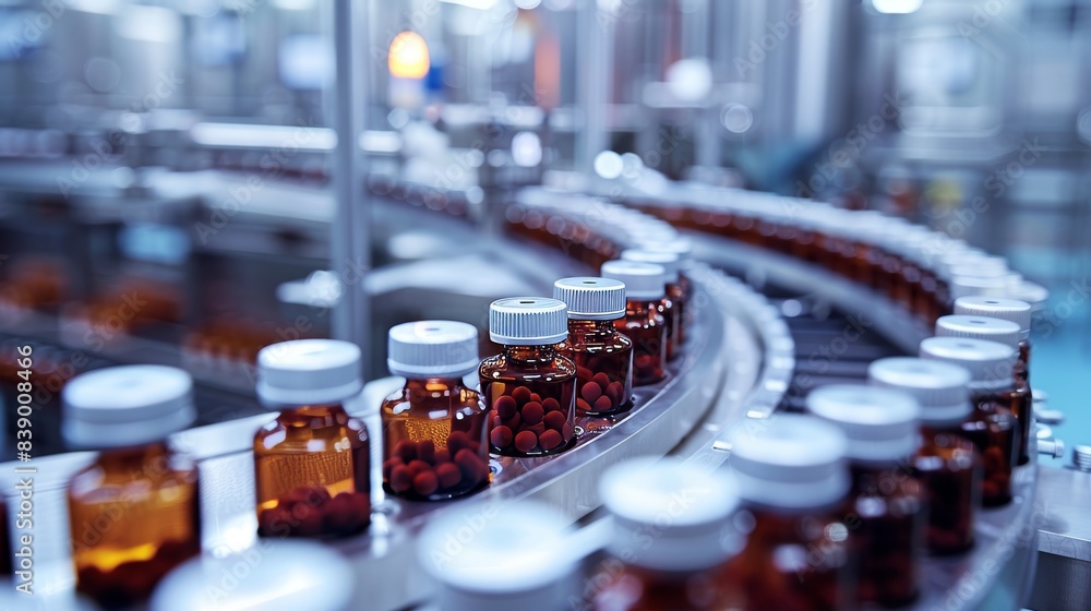 High-definition close-up of a pharmaceutical factory's production line, focusing on the automation and advanced machinery High-definition close-up of a pharmaceutical factory's production line, focusing on the automation and advanced machinery