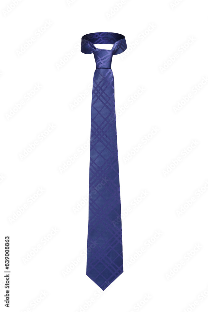 Close-up shot of an elegant blue tie embossed with a geometric pattern. The patterned blue tie is isolated on a white background. Front view. Close-up shot of an elegant blue tie embossed with a geometric pattern. The patterned blue tie is isolated on a white background. Front view.