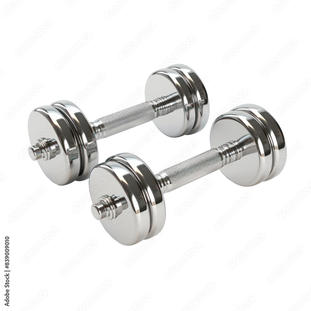 Naklejka premium Pair of Metal Dumbbells. Shiny Dumbbells for Weightlifting and Gym on Isolated Background